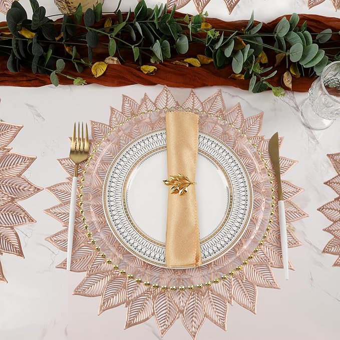 Placemats Set of 8, Round Hollow Out Flowers Place Mats for Dining Table Pressed Vinyl Blooming Leaf Table Mats for Holiday Party Wedding Accent Centerpiece Dinner Table Decoration (Rose Gold)
