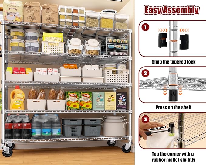 PrimeZone 5 Tier 48" Wx24''Dx81''H Wire Shelving with Wheels 3000lbs NSF Certified Storage Shelves Heavy Duty Metal Shelf Adjustable Rolling Rack Commercial Garage Restaurant Warehouse Chrome 3Pack