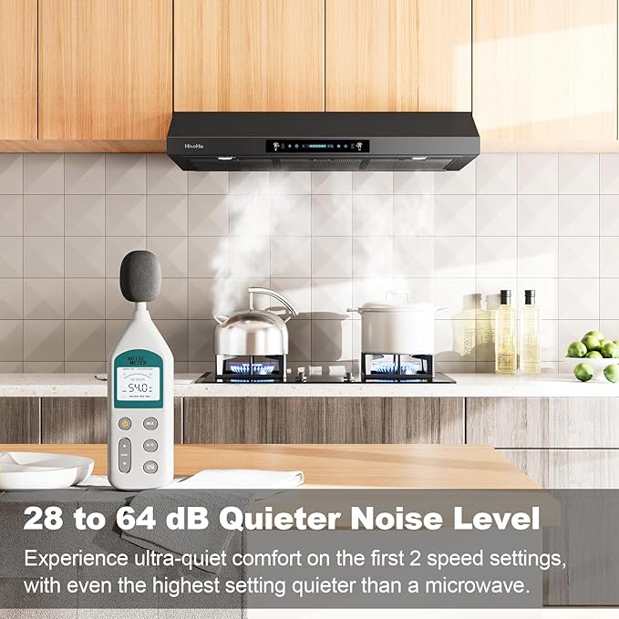 HisoHu 36 Inch Under Ducted Cabinet Range Hood with 1200 CFM, 4 Speed Gesture Sensing Kitchen Exhaust Hood & Touch Control Panel, Stainless Steel Stove Vent Hood with 2 LED Lights（Black）