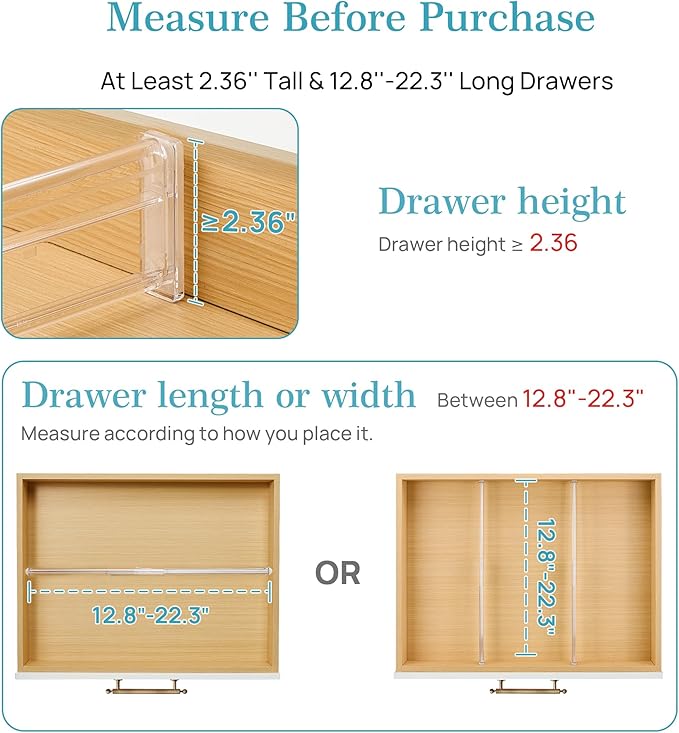 Vtopmart 2.36” Drawer Dividers with Expandable Inserts, 12.8"-22.3" Adjustable Kitchen Drawer Organizer, Clear Plastic Organizer Separator for Flatware, Utensil, Cutlery, 6 Dividers with 10 Inserts