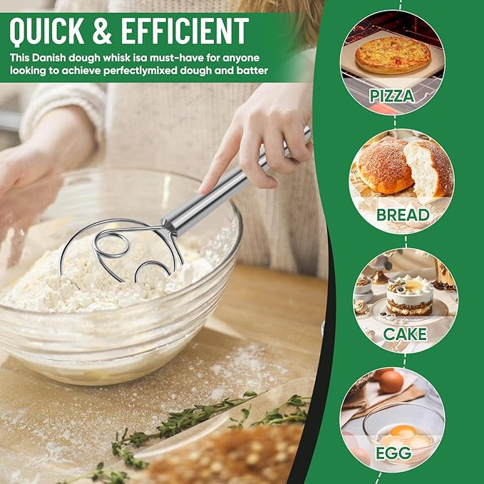 Danish Dough Whisk Stainless Steel Hook Dutch Bread Mixer Hand Tool for Sourdough Baking Making Blending Pastry Pizza