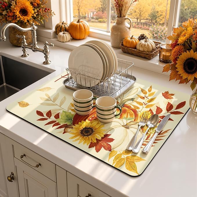LOKHOM 12"x20" Fall Dish Drying Mat，Autumn Harvest Hello Pumpkin Sunflower | - Image 9