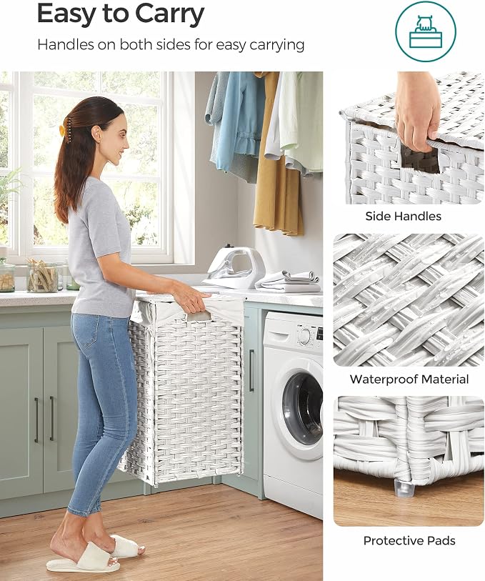 SONGMICS Laundry Hamper with Lid, 110L Double Wicker Basket, 6 Mesh Bags - Image 7