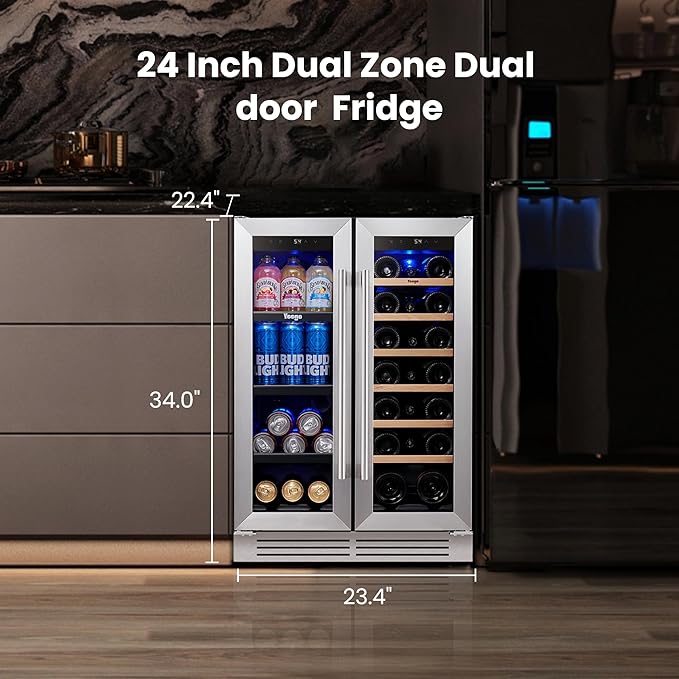 Yeego Wine & Beverage Refrigerator, 24 Inch 60 Cans and 20 Bottles Dual Zone Wine Cooler with Glass Door, 36-72°F Drink Cooler for Built-in or Freestanding, For Kitchen,Bar or Office