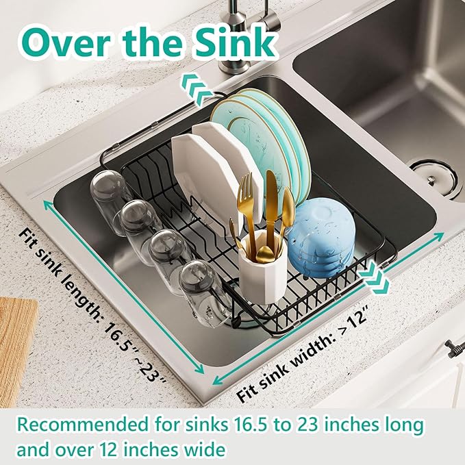 Dish Drying Rack in Sink Expandable Stainless Steel Kitchen Dish Drainer with 4 Cup Holders, Black