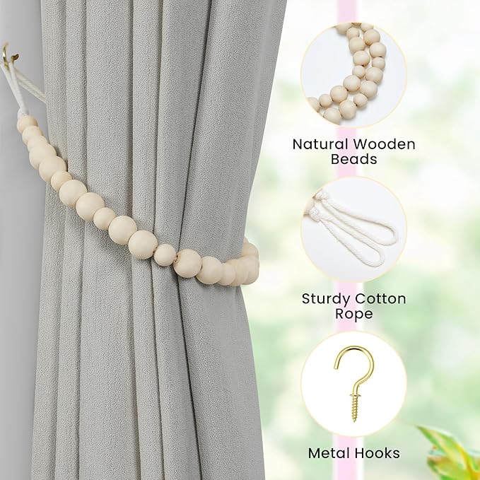 KLOGTSIND Wood Bead Curtain Tiebacks, 6 Pack Curtain Tie Backs - Image 5