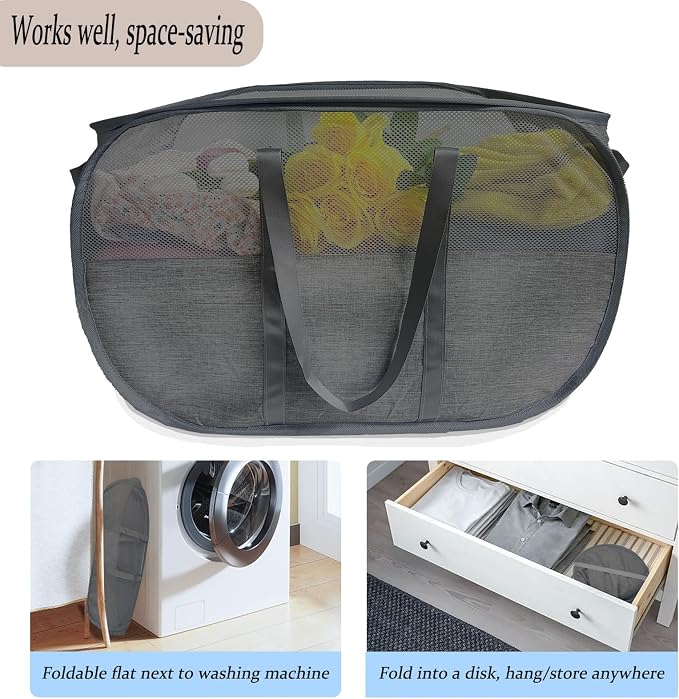 Extra Large Mesh Pop Up Laundry Hamper 2 Pack, 100L Collapsible Laundry Baskets - Image 5