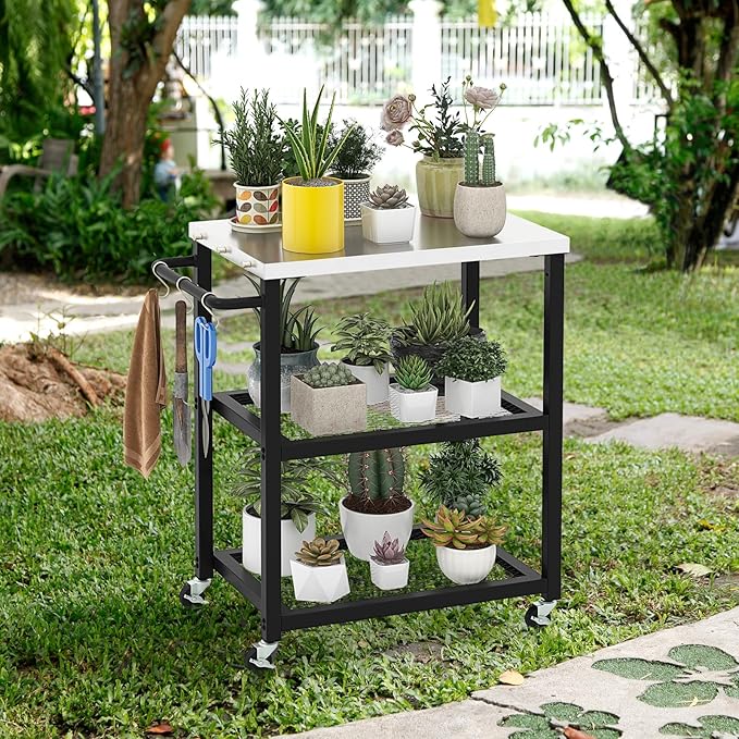 Giantex Outdoor Grill Cart - Movable Pizza Oven Stand with Stainless Steel Top, 2 Storage Shelves, 9 Hooks, Food Prep Cooking Table with Lockable Wheels, Dinning Serving Cart for Kitchen BBQ Party