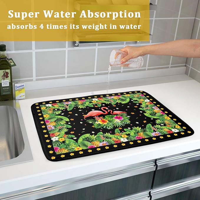 Giwawa Tropical Flamingo Dish Drying Mat Palm Leaves Absorbent Dishes Drainer - Image 7