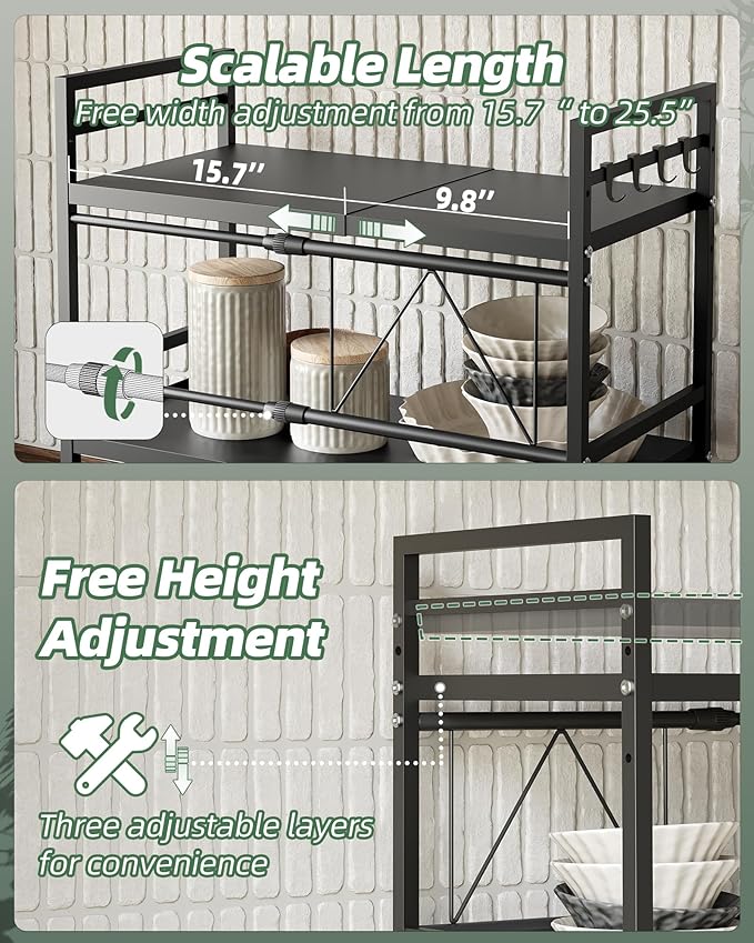 NETEL 2 Pcs Expandable Microwave Stand,2 Tier Metal Kitchen Countertop Organizer Shelves with 8 Hooks,Bakers Rack,Microwave Shelf,Microwave Oven Rack,55lbs Weight Capacity