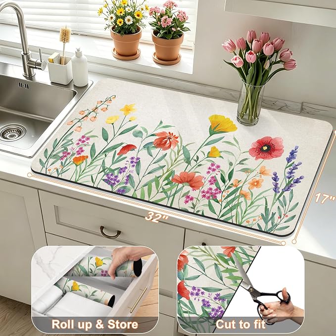 LOKHOM 17"x32" Dish Drying Mat，Colorful Floral Coffee Mat | Ultra Absorbent - Image 2