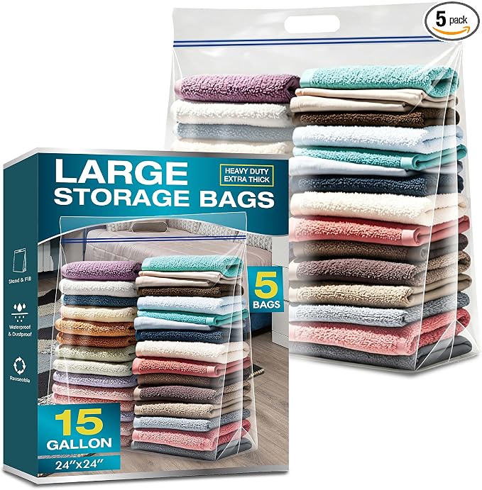 5 Pack Heavy Duty 15 Gallon Clear Zipper Bags by VacPackStorageMovingExp