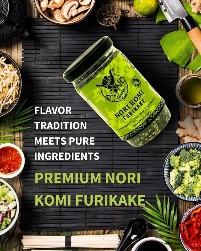 Pono Hawaiian Nori Komi Furikake Rice Seasoning Premium Ingredients - Gluten-Free and Non-GMO - Multi-Purpose Rice Topping – Free from Preservatives and Artificial Colors – Japanese Condiment - 2.5 oz