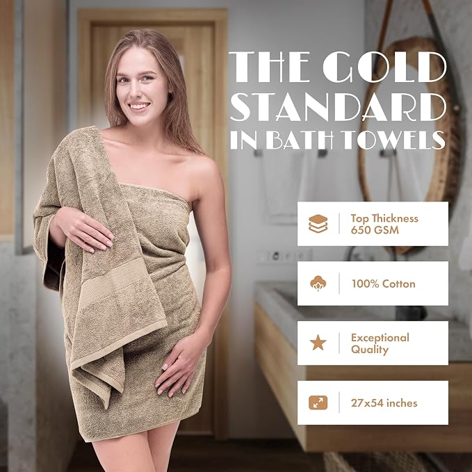 White Classic Wealuxe Taupe Bath Towels 27x54 Inch, Cotton Towel Set - Image 2