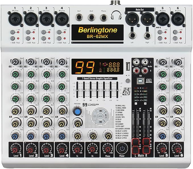 -Berlingtone 6/8 Channel Professional Audio Mixer Sound Board Console Desk, Bluetooth connection, System Interface, USB MP3, 48V Phantom Power, 99Bit DSP Processor, Computer Input,7 band EQ (BR062MX)