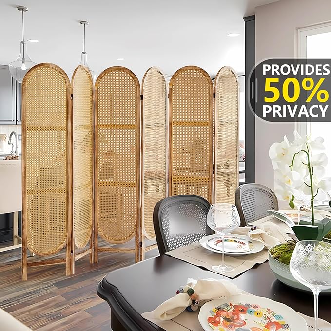 6 Panel Room Divider, 5.6 Ft Foldable Wood Room Divider Screen, Hand-Woven Rattan Folding Privacy Screens with Double Hinges, Wall Divider for Room Separation Bedroom Home Office - Natural