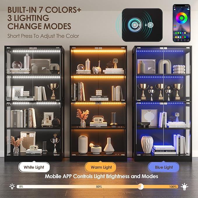 Display Cabinet with Glass Doors 4-Tier, 7 Vibrant Colors 3 Dynamic Lighting Modes, HD Glass Storage Cabinet with Human Body Sensor for Curio, Trophy, Collectibles (Black)