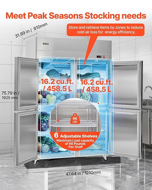VEVOR Commercial Reach-In Refrigerator 48" W, 32 Cu.Ft Stainless Steel Upright Refrigerator with 4 Doors, Auto-Defrost, 6 Adjustable Shelves, 32 to 50℉ Temp Control, UL Certified