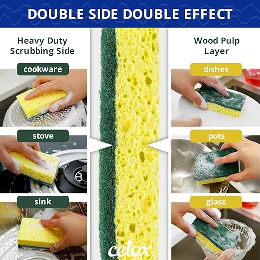 CELOX Sponges Kitchen Sponges for Dishes and Cleaning, 2-Sided Scrub Sponges - Image 3