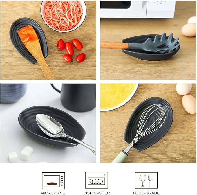 Hasense Spoon Rest for Kitchen Countertop and Stove Top, Stable Heat-resistant Spoon Holder for Home Kitchen Coffee Bar Cooking, Matte Black Utensil Rest for Spatula Ladles Tongs, 2 PCS