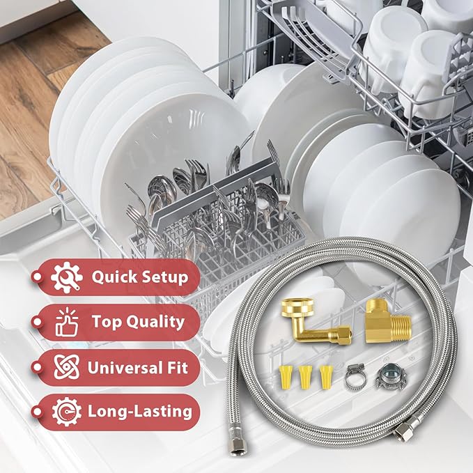 (2 Kit) Efield Dishwasher Installation Kit, 6 FT Stainless Steel Supply Hose, 3/8" X 3/8" Compression Adapter, 3-Wire 6” Power Cord with Tap,(HOSE149-2PCS)