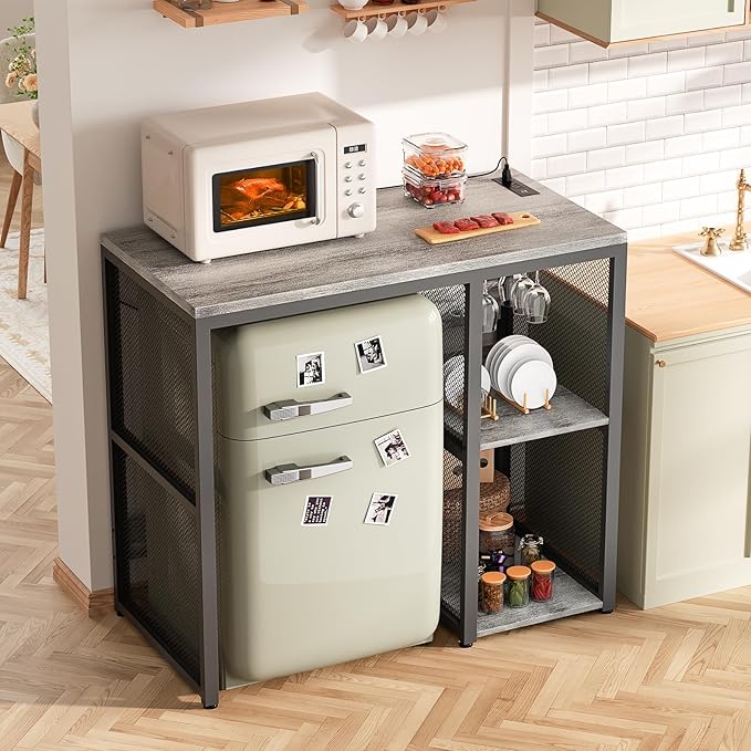 Homieasy Mini Fridge Cabinet Stand with Power Outlet, Coffee Bar Cabinet with Mini Fridge Space, Bar Stand with Microwave Shelf with Wine Rack for Kitchen, Dorm,Light Oak