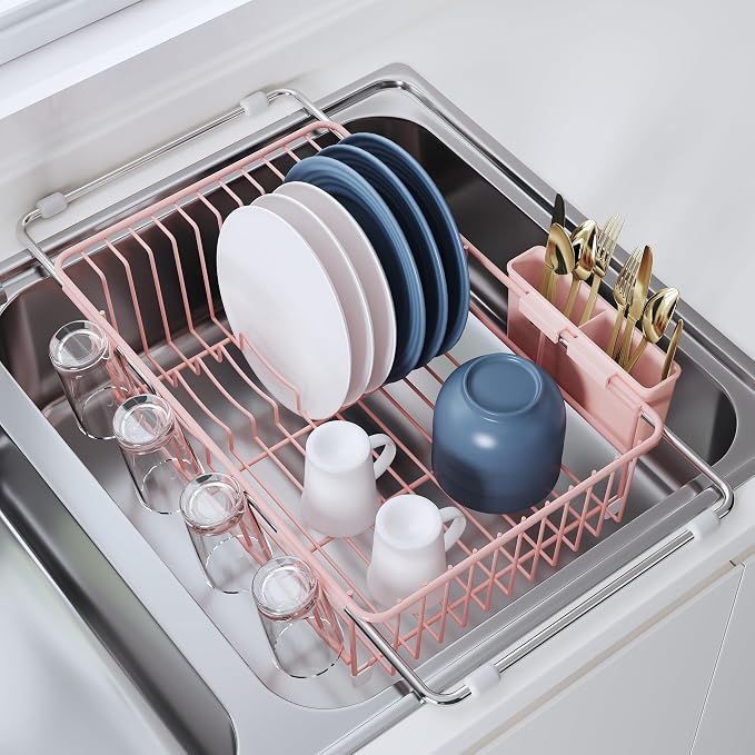 JASIWAY Pink Dish Drying Rack in Sink, Dish Drainer by JASIWAY