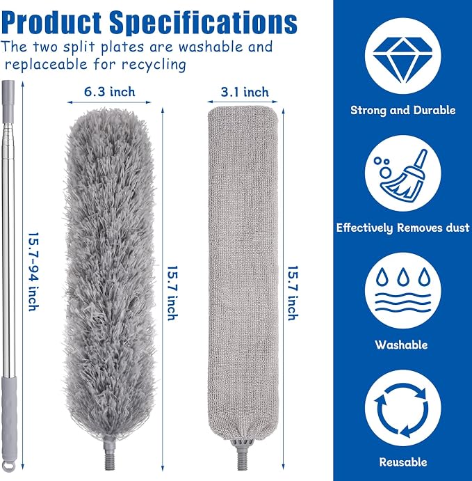 Feather Duster Set, 30-100 inch Microfiber Retractable Gap Duster - Image 3