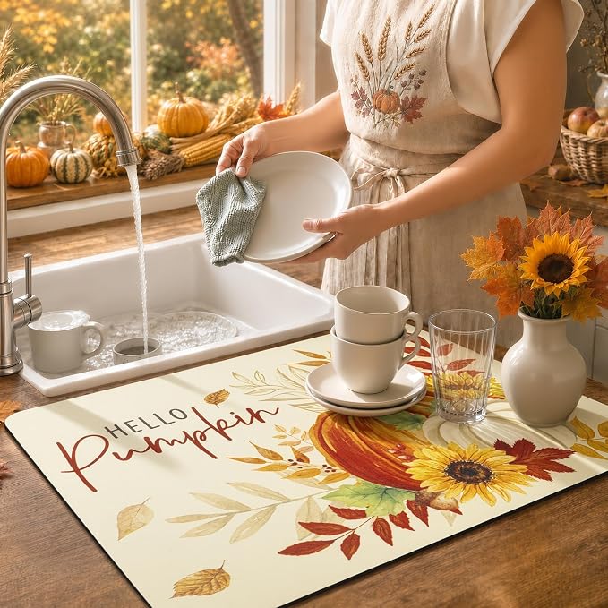 LOKHOM 12"x20" Fall Dish Drying Mat，Autumn Harvest Hello Pumpkin Sunflower | - Image 4