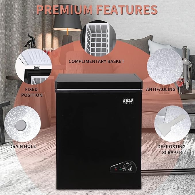 3.5 Cu.Ft Compact Chest Freezer with Removable Basket, Top Door Open Freestanding Deep Freezer with 7 Gears Temperature Adjustment, Ideal for Home, Kitchen & Office, Black