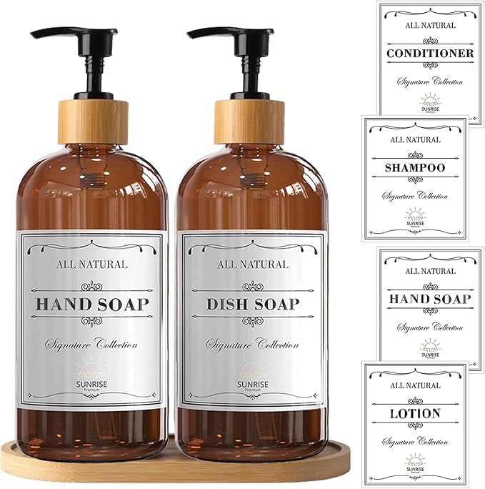 Sunrise Premium Amber Glass Soap Dispenser, Bamboo Pump - Image 7