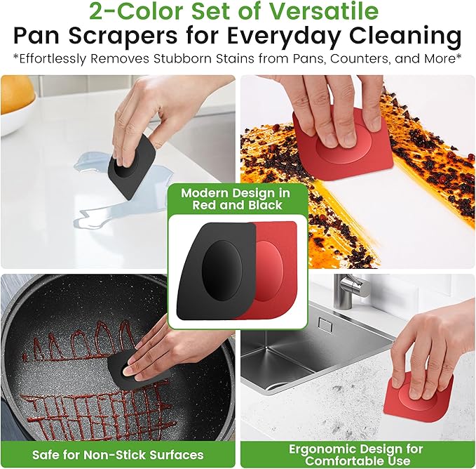TOPULORS Cast Iron Scrubber Cleaner & 316L Stainless Steel Chainmail Scrubber with 2 Scrapers, Ergonomic Silicone Handle Brush for Pans Skillets Grills Dishes Cleaning - Non-Scratch Rust-Proof - Red