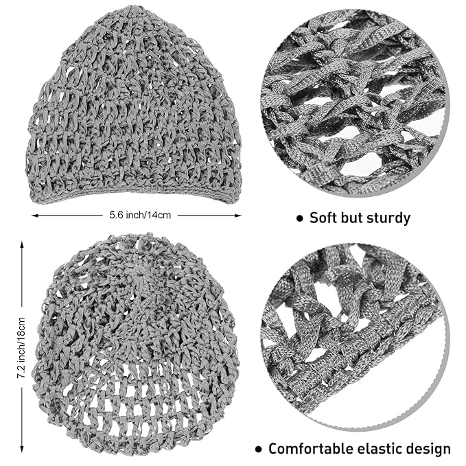 Geyoga 4 Pieces Mesh Crochet Hair Net Rayon Knit Snood Hat Thick Short Women Hairnet Snoods Cover Ornament for Sleeping (Gray)