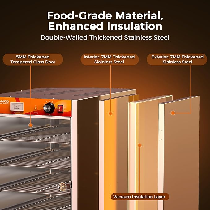 133Qt 5-Tier 900W Commercial Food Warmer w/ 304 Blued Stainless Steel Heating Element, Single-Tempered Glass Door, Adjustable Shelf, Electric Catering Hot Box Countertop Heated Holding Cabinet