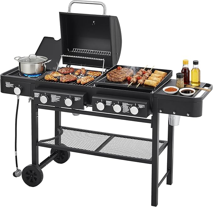 5 Burner Propane Gas Grill with Grilling & Griddling, 56,000 BTU Gas Grill with Side Burner, BBQ Grill with Stainless Steel Frame, 745 Sq In Cooking Area for Patio Backyard, Patio