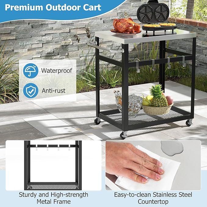 Giantex Outdoor Grill Cart with 29''W x 20''D Stainless Steel Top, Storage Shelf, Outdoor Cooking Food Prep Table with Wheels, Movable Pizza Oven Stand Serving Cart for Backyard BBQ Party Kitchen