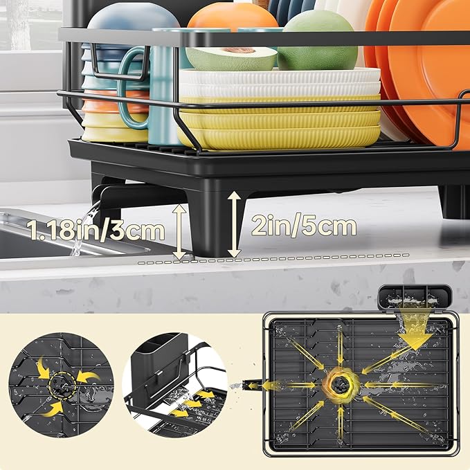 TOOLF Space-Saving Dish Drying Rack, Multifunctional Dish Rack for Kitchen Counter,Sink Dish Drainer Rack, Dishes Strainer with Drain Board & Cutlery Holder, Compact Dryer Rack,Black