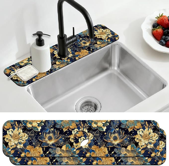2 Pcs Blue Gold Foil Flower Kitchen Sink Splash Guard Faucet Mat Psychedelic by CONCHLERY%E6%97%97%E8%88%B0%E5%BA%97