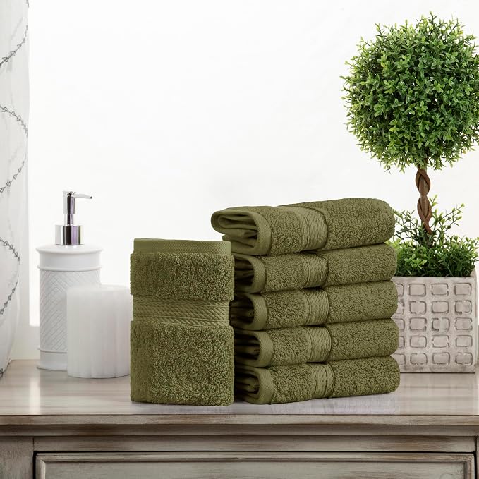 Superior Egyptian Cotton Plush Absorbent, Face Towel Set of 6, Forest Green | - Image 2