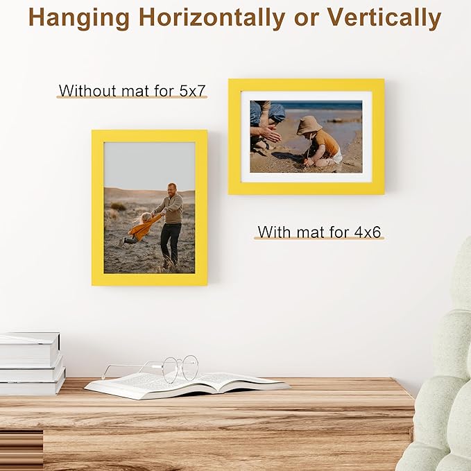 Vittanly 5x7 Picture Frame, Solid Wood Frame with Plexiglass, Includes 4x6 Mat, Wall Hanging or Tabletop for Home Decor, Yellow, 1 Pack