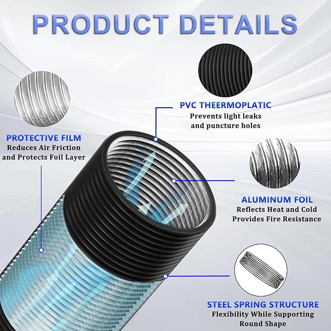 10 Inch Flexible Ducting Hose 8 Feet Black Aluminum Ducting -4 Layer Protection Dryer Vent Hose for HVAC Heating Cooling Ventilation and Exhaust, 2 Clamps Included