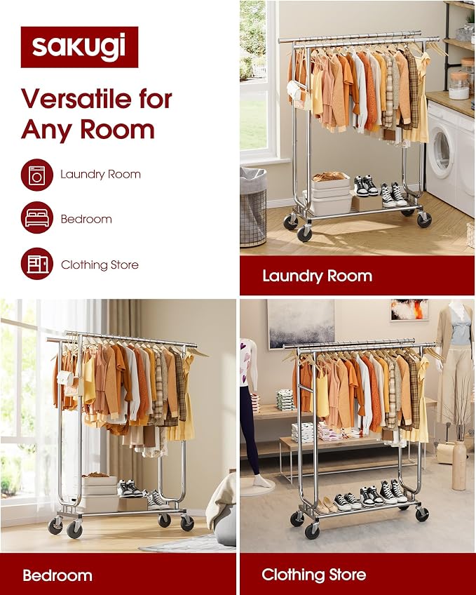 Sakugi Heavy Duty Stainless Steel Rolling Clothes Rack - Image 2