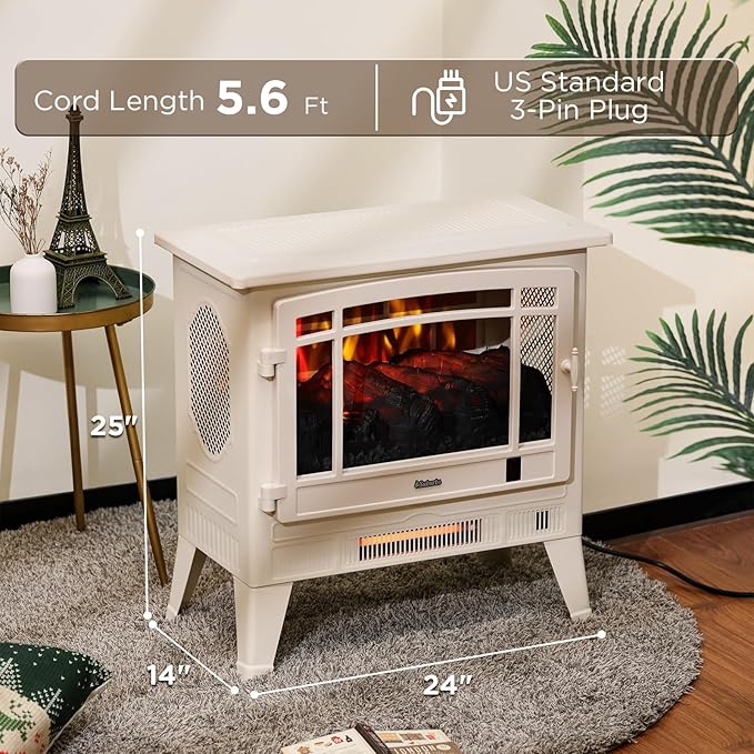TURBRO Suburbs 25" WiFi Electric Fireplace Infrared Heater with Crackling Sound, Freestanding Fireplace Stove with Adjustable Flame Effects, Overheating Protection, Timer, Remote Control 1400W, Ivory