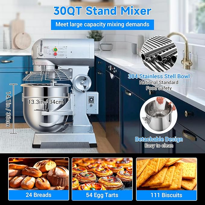 30Qt Commercial Food Mixer with Timing Function,1250W Commercial Stand mixer 3-Speed Adjustable,Electric Heavy Duty Dough Mixer with Stainless Steel Bowl for Bakery Pizzeria