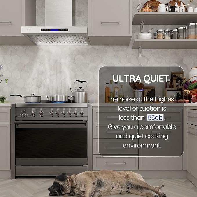 EKON 900 CFM Range Hood Stainless Steel 36 inch Kitchen Hood Vent With 4 Speeds Touch Panel Control LCD Display and Remote / 2 Pcs 3W Led Lights / 3 Pcs Baffle Filters NAP01-36N