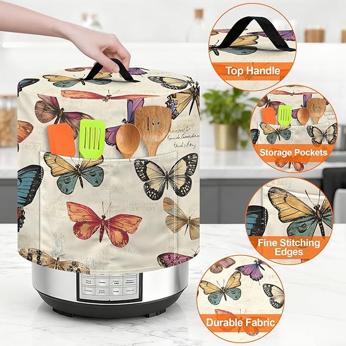 Kitchen Appliance Accessories Dust Cover for 3-6-8 Quart Instant Pot, Pressure Cooker, Air Fryer & Crock Pot,Decorative Appliance Cloth Cover with Top Handle & Storage Pockets (Butterfly, 3 Quart)