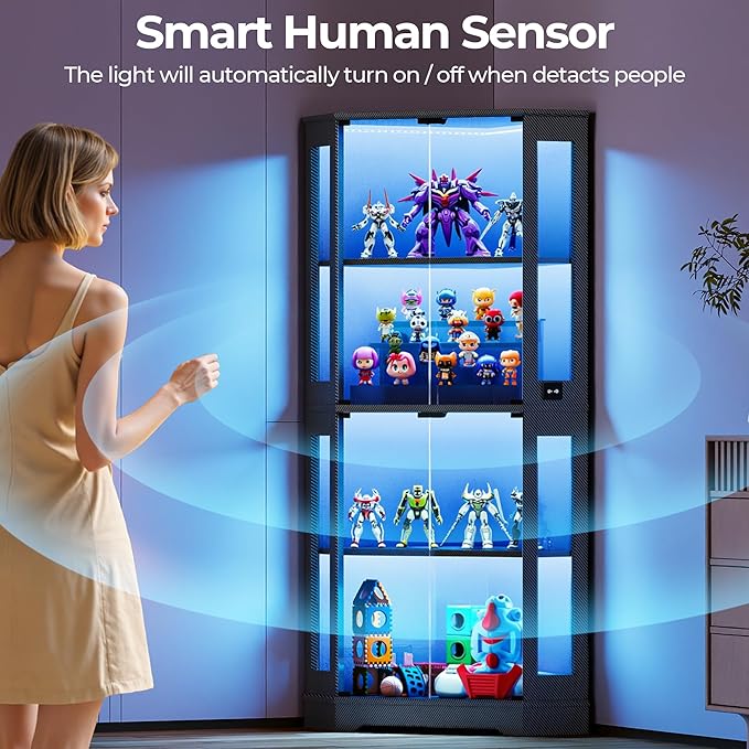 IRONCK 71 Inch Carbon Fiber Corner Glass Display Cabinet with Human Body Sensor & 6-Color LED Lights, 4-Tier Tempered Glass Display Case with 2 Adjustable Shelves for Collectibles, Toys, Black