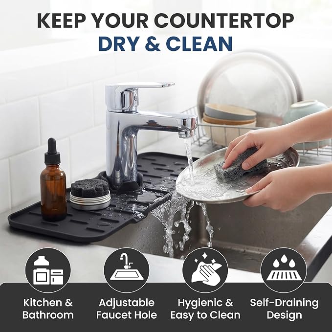 Faucet Splash Guard Mat for Kitchen Sink, Adjustable Center Hole, Self-Draining - Image 3