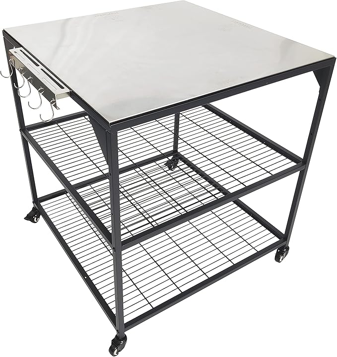 Three-Shelf Movable Stainless Steel & Steel Outdoor Dining Cart Table Pizza Oven Protable Grill and Heavy Duty Grill Cart Outdoor Table