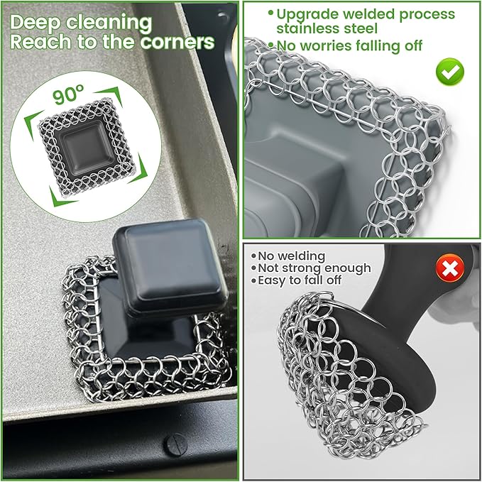 TOPULORS Cast Iron Scrubber Cleaner & 316L Stainless Steel Chainmail Scrubber with 2 Scrapers, Ergonomic Silicone Handle Brush for Pans Skillets Grills Dishes Cleaning - Non-Scratch Rust-Proof - Gray